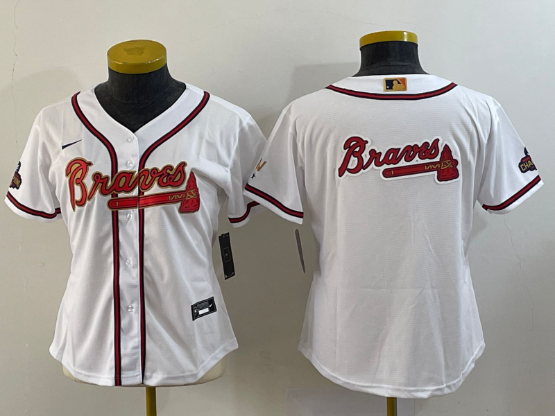 Women's Atlanta Braves Team Big Logo 2022 White Gold World Series Champions Program Stitched Jersey(Run Small) Women's Atlanta Braves Team Big Logo 2022 White Gold World Series Champions Program Stitched Jersey(Run Small)
